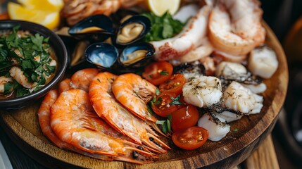 Fresh seafood dish on a wooden plate, indulgent eating