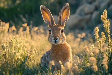 Fototapeta premium Adorable wild rabbit posing in a field of flowers