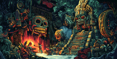 A mystical scene illustrating the Aztec gods of the underworld, richly detailed with traditional Day of the Dead elements, ancient symbols, and legends of the dead.