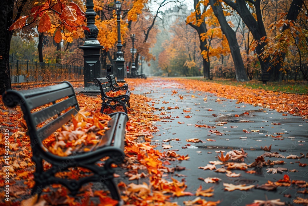 Poster the serene park features winding pathways adorned with colorful fallen leaves and empty benches invi