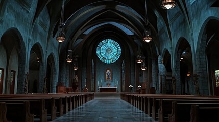 Naklejka premium Serene Interior of a Gothic Church with Stained Glass