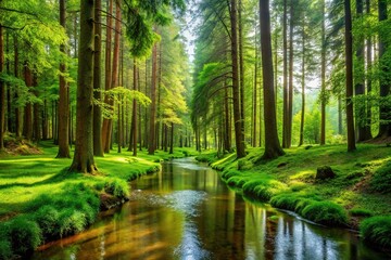 Obraz premium A peaceful forest with tall trees, lush greenery, and a winding stream running through it, wildlife habitats, forest ecosystem, animal habitats