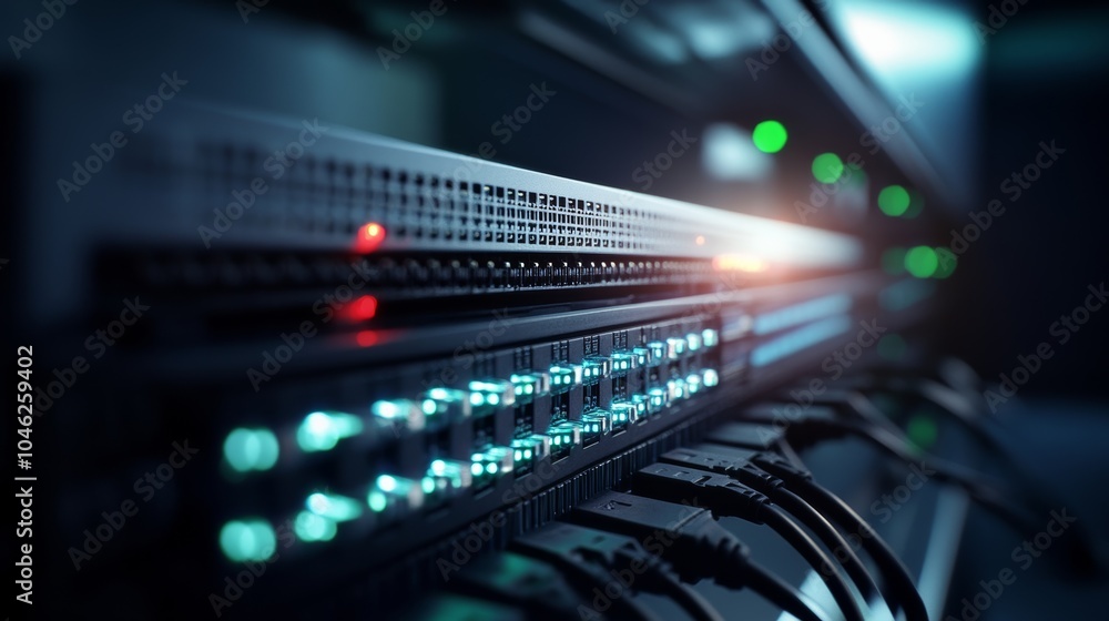 Poster 10Gb switch: A 10-gigabit Ethernet switch connected to high-performance servers, highlighting the need for high-speed data transmission in modern networks.