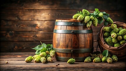 A rustic wooden barrel filled with frothy brown ale, with a few hops scattered around the rim, wood, fermentation, hops