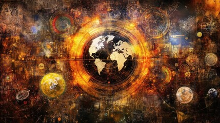 A vibrant, abstract depiction of the Earth surrounded by cosmic elements and intricate designs.