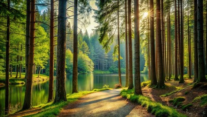 Fototapeta premium A serene forest with tall trees and a winding path leading to a tranquil lake, serenity, leafy greens, wilderness, natural scenery
