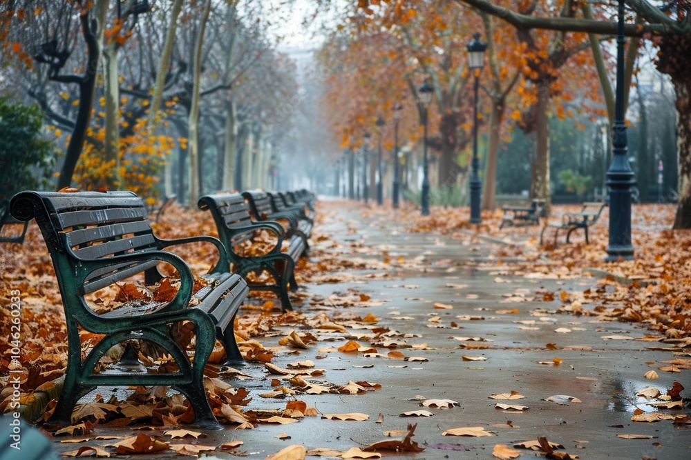 Aufkleber pathways in an urban park are blanketed with fallen leaves, while benches invite visitors to relax i