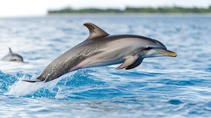 Obraz premium A pod of dolphins leaping through the turquoise waters of a tropical ocean, with a sun-drenched horizon in the background. The scene is a celebration of life and the wonder of the natural world.