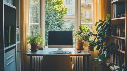 A well-designed home office featuring a large window, ergonomic chair, and indoor plants, offering both comfort and productivity