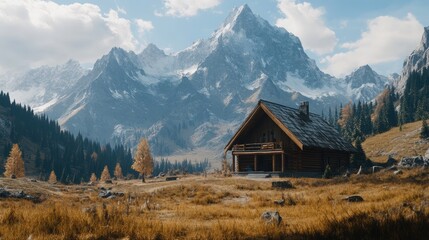 Serene Mountain Cabin in Autumn Landscape
