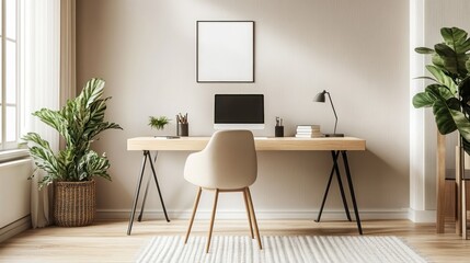 A workspace with a minimalist aesthetic, featuring a clean desk, a comfortable chair, and neutral tones to create a distraction-free environment