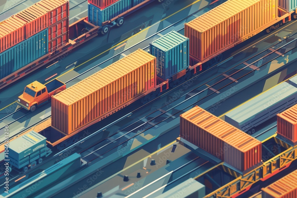 Fototapete Containers are transferred from a truck to a train at a logistics hub, emphasizing seamless transportation connections during daytime operations. Generative AI