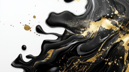 Abstract black and gold fluid art with dynamic shapes and splashes.
