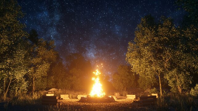 Tranquil Night at Nature Camp - Cozy Camping Experience Around Fire Pit under Starry Sky | Ultra-Detailed Image