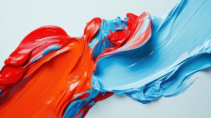 Vivid swirls of red and blue paint create an abstract, artistic composition.
