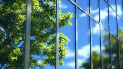 A close-up of the reflection in modern glass window christmas themed