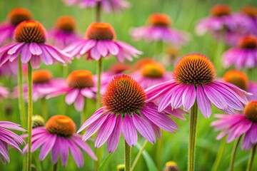 Obraz premium A vibrant patch of purple coneflowers swaying gently in the breeze amidst a sea of green grass, landscape, nature, breeze, cone flowers