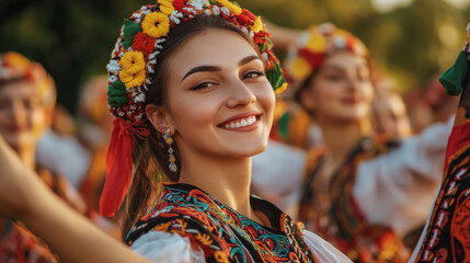 Fototapeta premium Bulgarian dancers wearing traditional national dress with intricate embroidery, performing a folk dance in a scenic outdoor setting