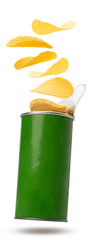 Potato chips flying with green bottle packaging on white background, Flying Chips Images isolate on...