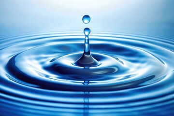 Blue fluid gently forms droplets as it drips onto a smooth, reflective white background, creating subtle ripples and light effects., droplets, liquid motion, light effect, subtle ripples, serenity