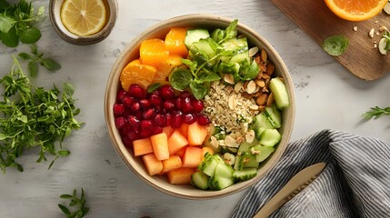 Healthy eating with a fresh organic fruit salad bowl