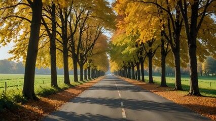 Naklejka premium This straight village road is surrounded by trees colorful with autumn leaves. 