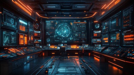 Obraz premium Futuristic control room with glowing screens and advanced technology.