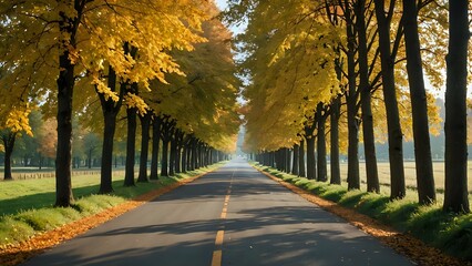 Obraz premium This straight village road is surrounded by trees colorful with autumn leaves. 