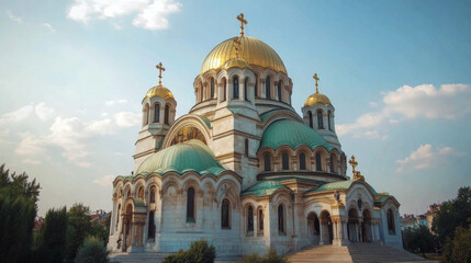 Obraz premium The Alexander Nevsky Cathedral in Sofia, a masterpiece of Bulgarian Orthodox architecture, with golden domes and intricate details