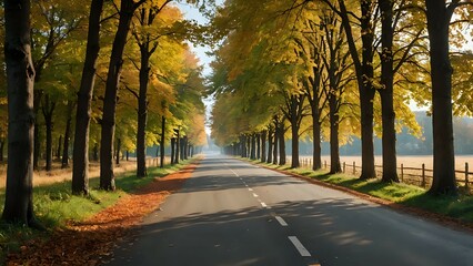 Obraz premium This straight village road is surrounded by trees colorful with autumn leaves. 