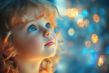 Child in Aquarium Watching Fish with Happy and Surprised Expression Against Colorful Background  
