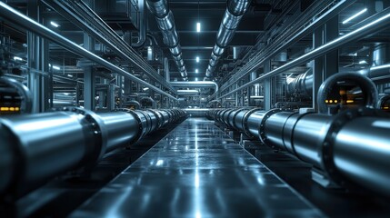 Obraz premium A technical room filled with galvanized or stainless steel pipes. Piping inside a modern factory. Illustration for banner, poster, cover, advertising, marketing or presentation. lighting and scenery.