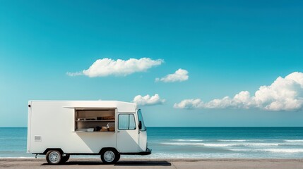 A food truck parked by the beach with a clear blue sky and ocean waves in the background.