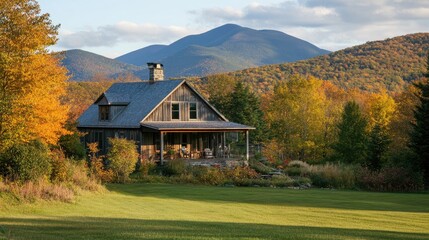 Obraz premium Cozy Cabin Surrounded by Autumn Foliage and Mountains