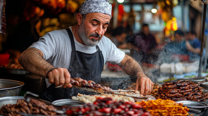 Obraz premium Turkish street food vendors grilling kebabs and preparing a lively Istanbul market, with the scent of spices filling the air