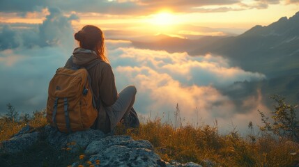 A lone hiker sits on a mountaintop at sunset, gazing out at a sea of clouds.