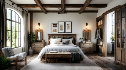 Luruxy rural modern farmhouse master bedroom with historic wood beams and features. cozy bedroom. Ultra realistic. Photorealistic