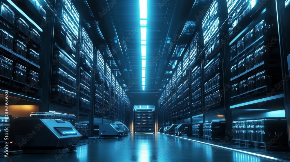 Leinwandbilder A futuristic warehouse with robotics automating inventory management and smart technology optimizing operations in real-time