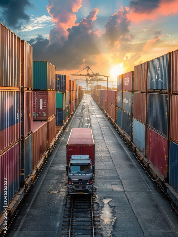 Aufkleber containers are being transferred from a truck onto a train at sunset, emphasizing efficient intermod