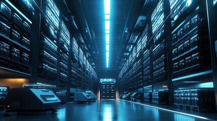 A futuristic warehouse with robotics automating inventory management and smart technology optimizing operations in real-time