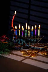 Hanukkah menorah with colorful candles, gelt chocolate and pine branch with berries and oranges accents. On the window