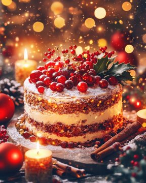 Festive Christmas Cake with Berries and Candles