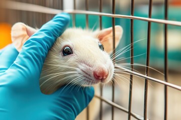 Obraz premium White lab rat handled by gloved hand