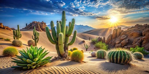 Desert landscape with cacti and succulents standing tall against bright sunny background with rocky outcrops and sandy dunes, ground, sunny, landscape, sand