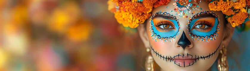 Young girl in makeup for D&iacute;a de los Muertos. The concept of the holiday tradition on D&iacute;a de los Muertos.