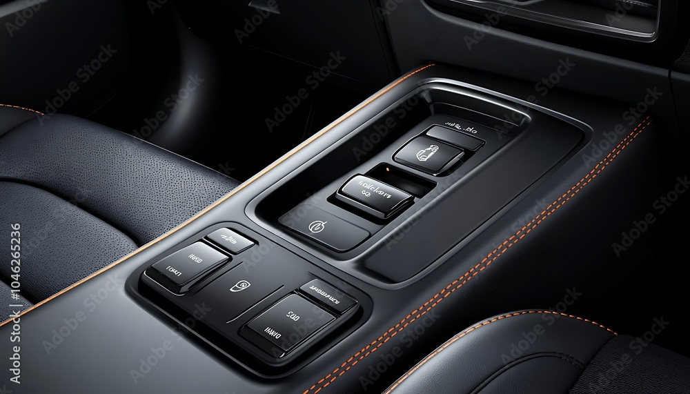Poster close-up of a vehicle's center console featuring control buttons and a sleek design.