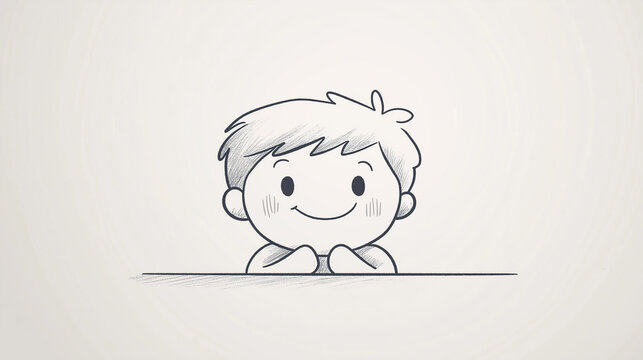 A simple line drawing of an adorable boy with short hair, smiling and peeking over the edge of his desk, in a minimalist style with simple lines