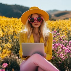 Mujer con sombrero y gafas de sol rosas usando una laptop en un campo de flores amarillas y rosadas, ambiente primaveral y creativo