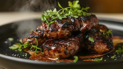 Succulent barbecued meat served on a plate with fresh herbs