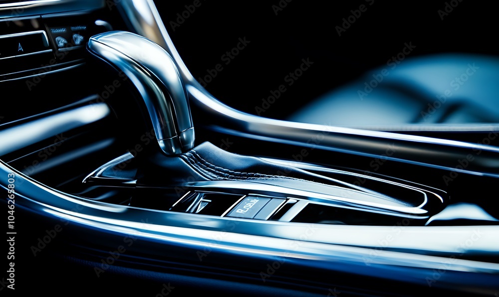 Aufkleber close-up of a car's gear shift and control panel, showcasing sleek design and functionality.